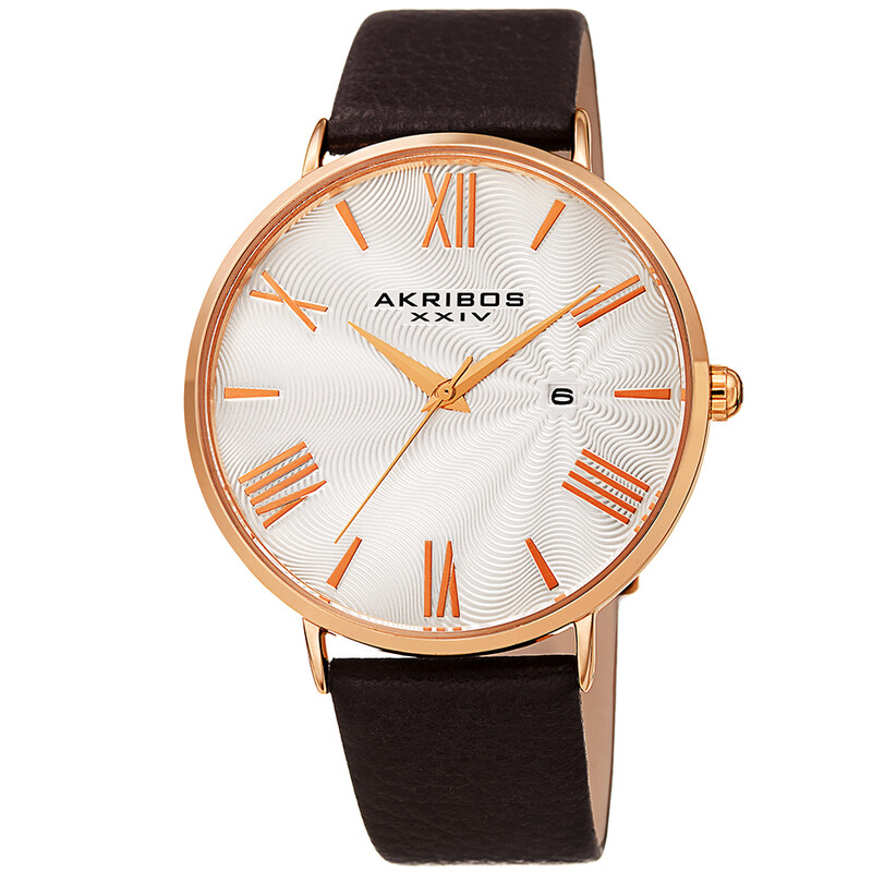 Akribos XXIV Ion Plated Rose Gold Tone Case Watch with White Guilloche Dial, Rose Gold Tone Accents and Brown Smooth Strap