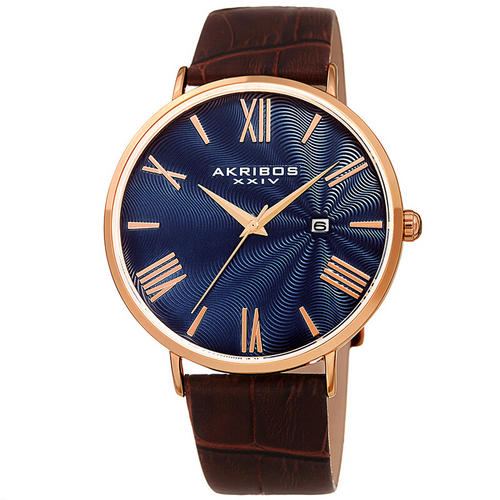 Akribos XXIV Ion Plated Rose Gold Tone Case Watch with Blue Guilloche Dial, Rose Gold Tone Accents and Brown Croco Strap