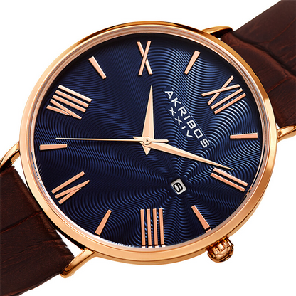 Akribos XXIV Ion Plated Rose Gold Tone Case Watch with Blue Guilloche Dial, Rose Gold Tone Accents and Brown Croco Strap