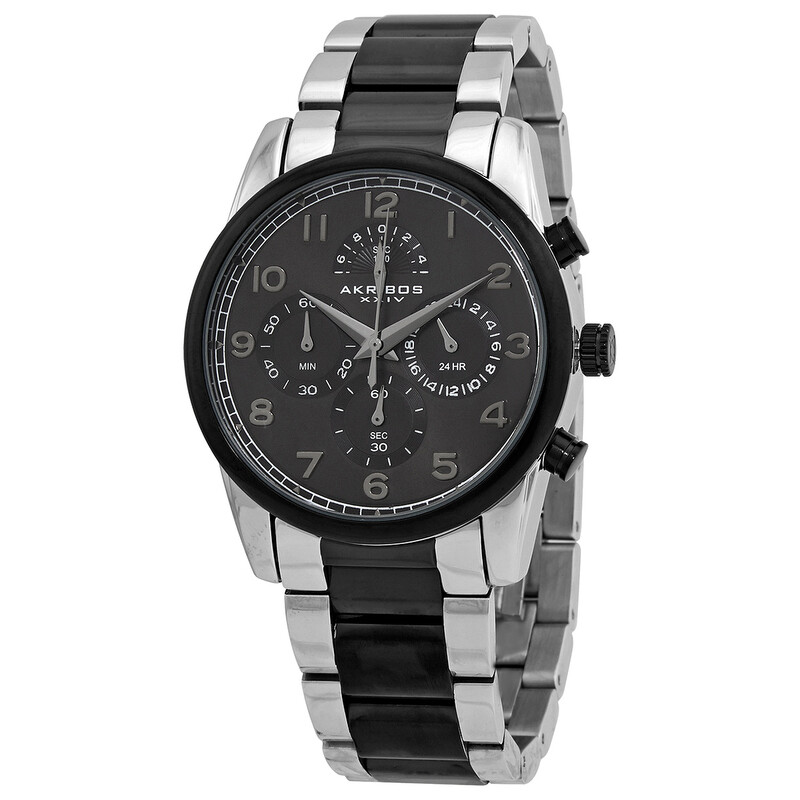 Akribos XXIV Ion Plated Two Tone Black and Silver Chrono/Multi Watch with Gun Dial and Black Accents
