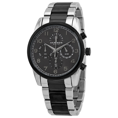 Akribos XXIV Ion Plated Two Tone Black and Silver Chrono/Multi Watch with Gun Dial and Black Accents