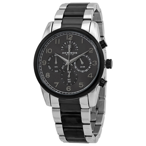 Akribos XXIV Ion Plated Two Tone Black and Silver Chrono/Multi Watch with Gun Dial and Black Accents