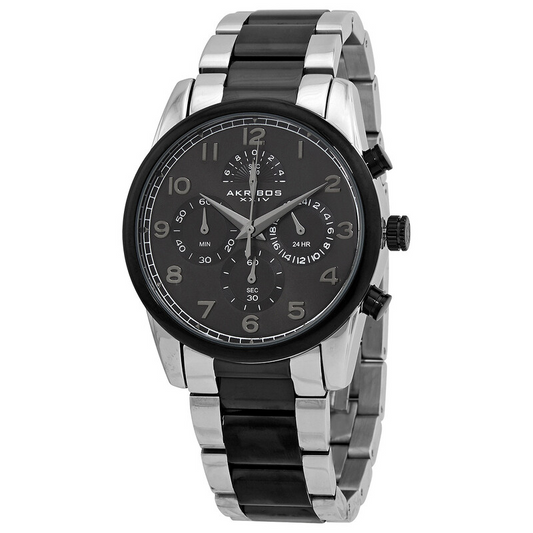 Akribos XXIV Ion Plated Two Tone Black and Silver Chrono/Multi Watch with Gun Dial and Black Accents