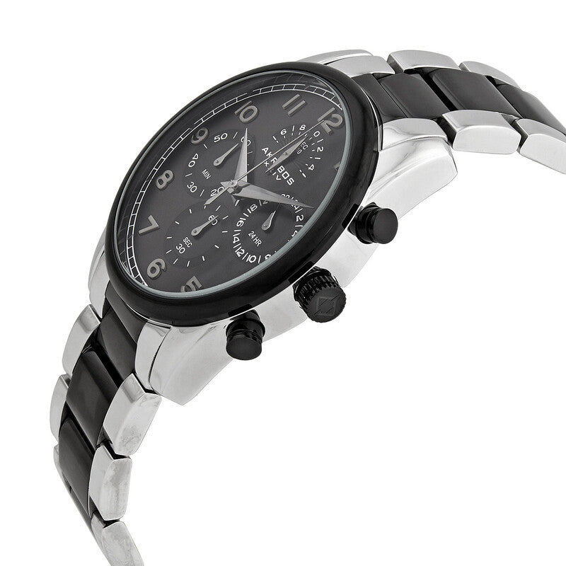 Akribos XXIV Ion Plated Two Tone Black and Silver Chrono/Multi Watch with Gun Dial and Black Accents