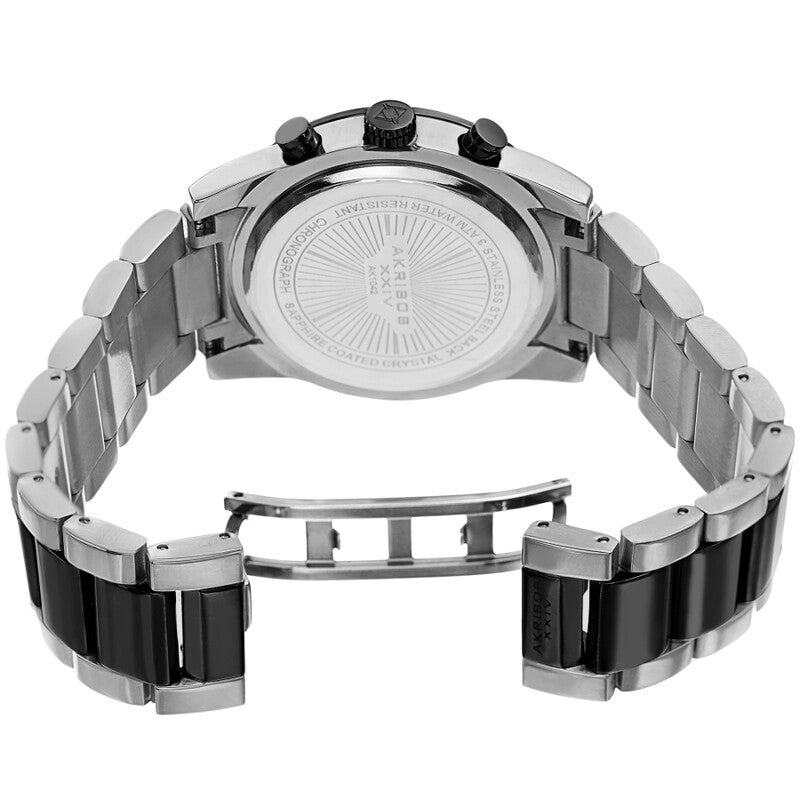 Akribos XXIV Ion Plated Two Tone Black and Silver Chrono/Multi Watch with Gun Dial and Black Accents
