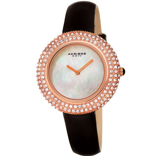 Akribos XXIV Gold Tone Ion Plated Swarovski Crystal Studed Case with White MOP Dial and Black Patent Leather Strap