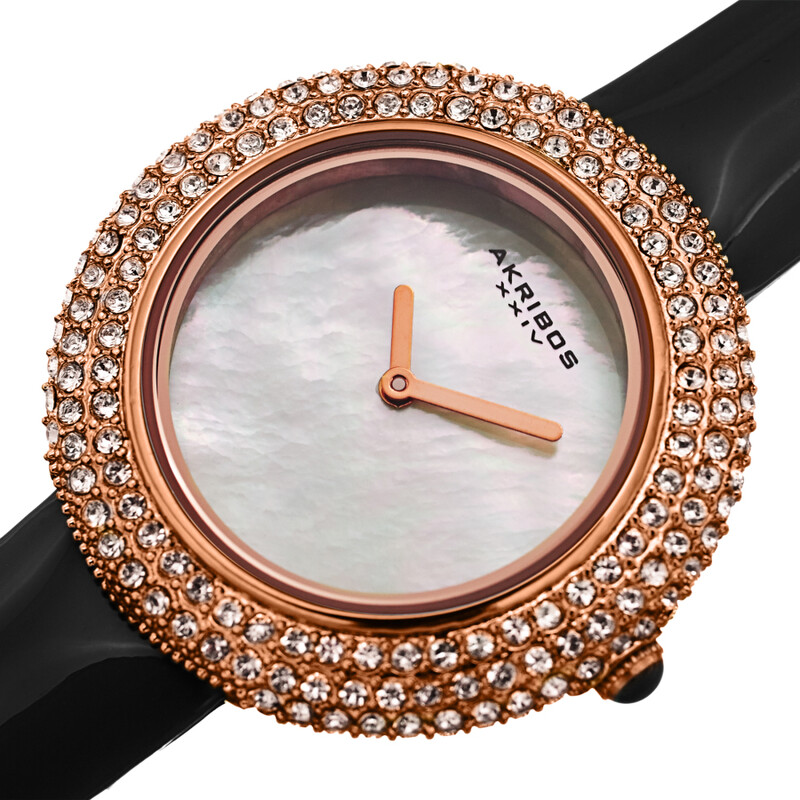 Akribos XXIV Gold Tone Ion Plated Swarovski Crystal Studed Case with White MOP Dial and Black Patent Leather Strap