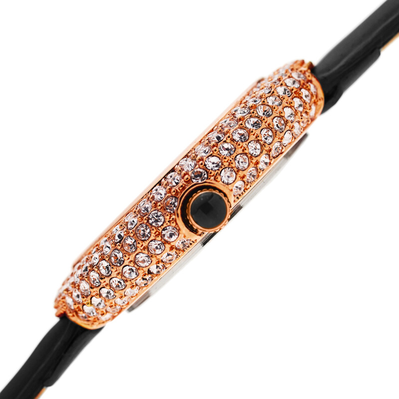 Akribos XXIV Gold Tone Ion Plated Swarovski Crystal Studed Case with White MOP Dial and Black Patent Leather Strap