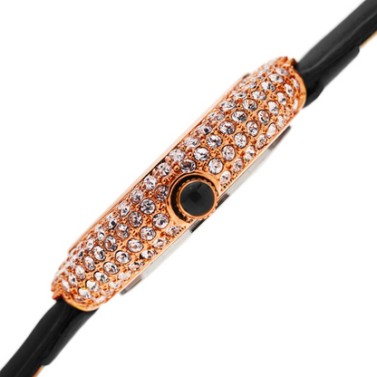 Akribos XXIV Gold Tone Ion Plated Swarovski Crystal Studed Case with White MOP Dial and Black Patent Leather Strap