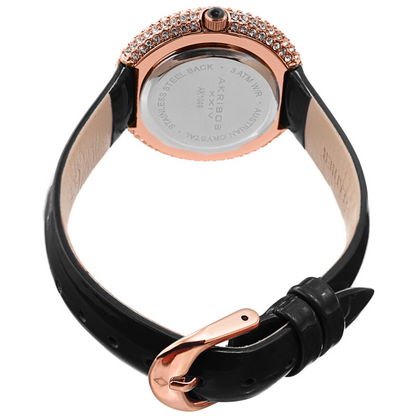 Akribos XXIV Gold Tone Ion Plated Swarovski Crystal Studed Case with White MOP Dial and Black Patent Leather Strap