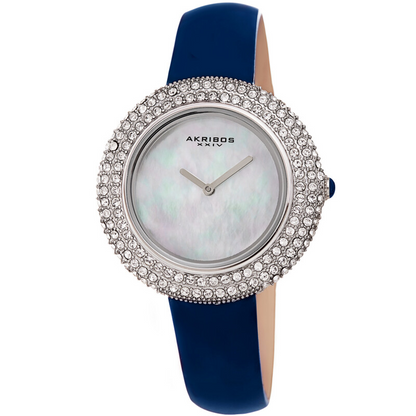 Akribos XXIV Silver Ion Plated Swarovski Crystal Studed Case with White MOP Dial and Blue Patent Leather Strap