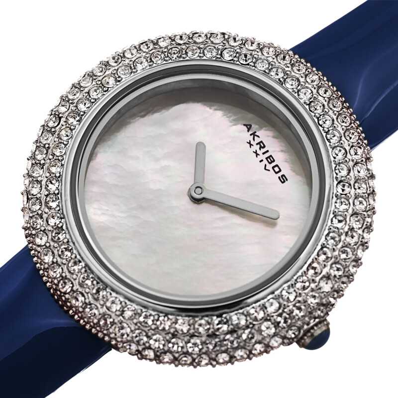 Akribos XXIV Silver Ion Plated Swarovski Crystal Studed Case with White MOP Dial and Blue Patent Leather Strap