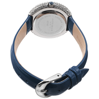 Akribos XXIV Silver Ion Plated Swarovski Crystal Studed Case with White MOP Dial and Blue Patent Leather Strap