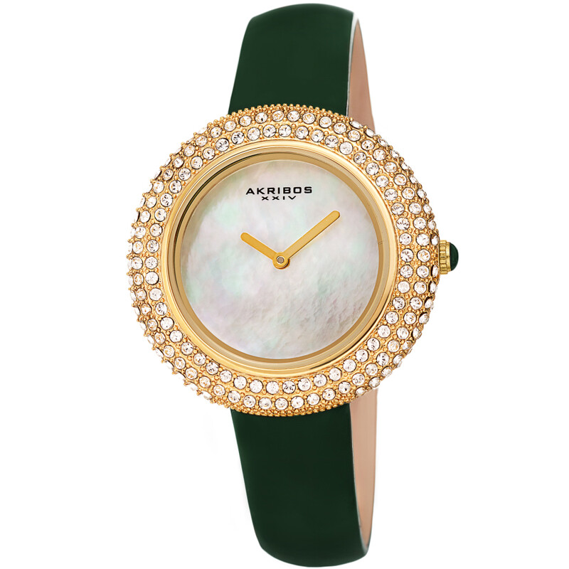 Akribos XXIV Gold Tone Ion Plated Swarovski Crystal Studed Case with White MOP Dial and Green Patent Leather Strap