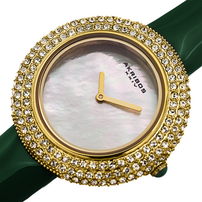 Akribos XXIV Gold Tone Ion Plated Swarovski Crystal Studed Case with White MOP Dial and Green Patent Leather Strap