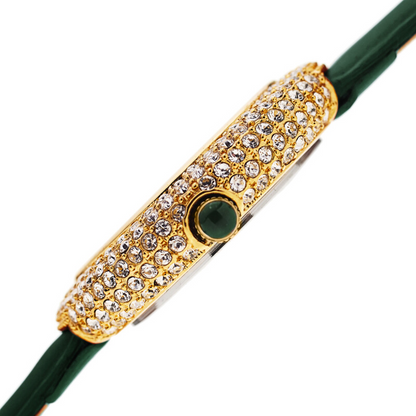 Akribos XXIV Gold Tone Ion Plated Swarovski Crystal Studed Case with White MOP Dial and Green Patent Leather Strap