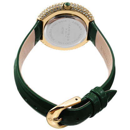 Akribos XXIV Gold Tone Ion Plated Swarovski Crystal Studed Case with White MOP Dial and Green Patent Leather Strap