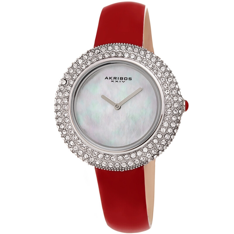 Akribos XXIV Silver Ion Plated Swarovski Crystal Studed Case with White MOP Dial and Red Patent Leather Strap