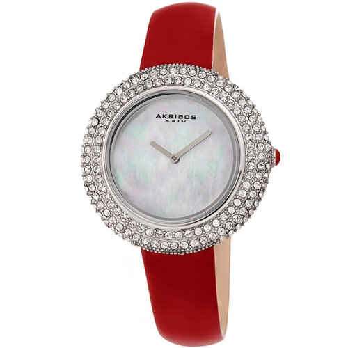 Akribos XXIV Silver Ion Plated Swarovski Crystal Studed Case with White MOP Dial and Red Patent Leather Strap