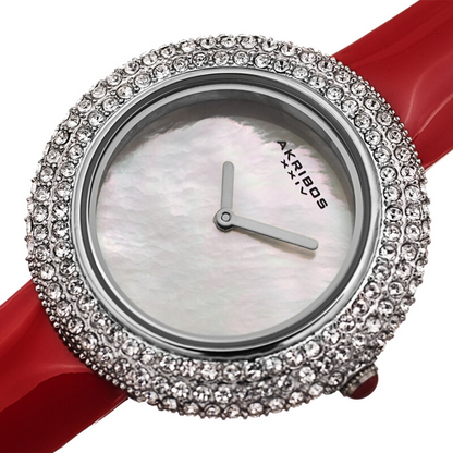 Akribos XXIV Silver Ion Plated Swarovski Crystal Studed Case with White MOP Dial and Red Patent Leather Strap