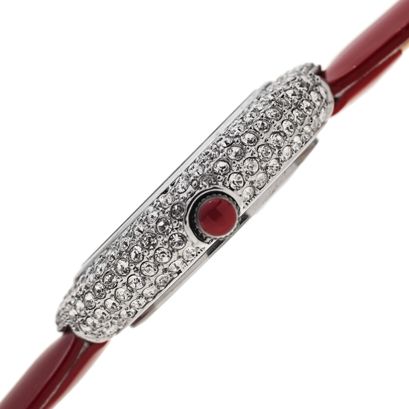 Akribos XXIV Silver Ion Plated Swarovski Crystal Studed Case with White MOP Dial and Red Patent Leather Strap