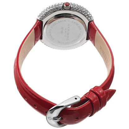 Akribos XXIV Silver Ion Plated Swarovski Crystal Studed Case with White MOP Dial and Red Patent Leather Strap