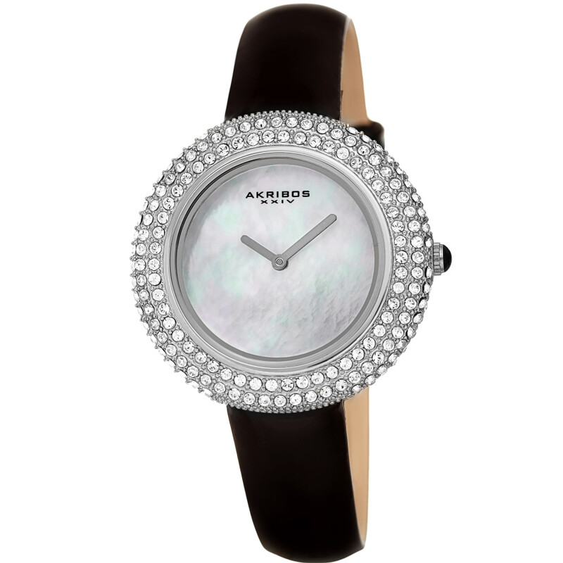Akribos XXIV Silver Ion Plated Swarovski Crystal Studed Case with White MOP Dial and Black Patent Leather Strap