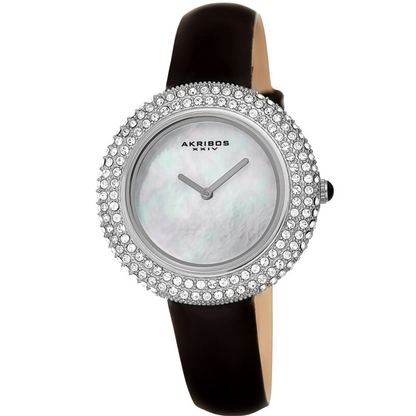 Akribos XXIV Silver Ion Plated Swarovski Crystal Studed Case with White MOP Dial and Black Patent Leather Strap