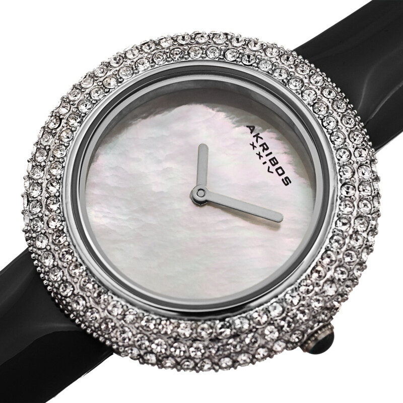Akribos XXIV Silver Ion Plated Swarovski Crystal Studed Case with White MOP Dial and Black Patent Leather Strap