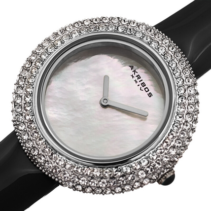 Akribos XXIV Silver Ion Plated Swarovski Crystal Studed Case with White MOP Dial and Black Patent Leather Strap