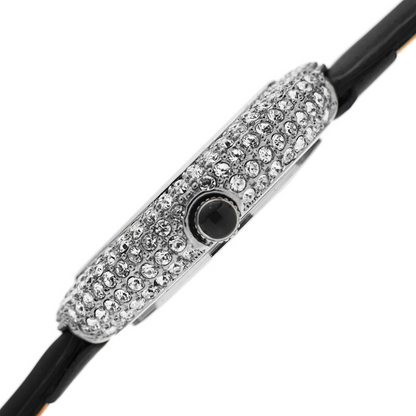 Akribos XXIV Silver Ion Plated Swarovski Crystal Studed Case with White MOP Dial and Black Patent Leather Strap