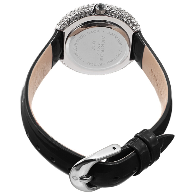 Akribos XXIV Silver Ion Plated Swarovski Crystal Studed Case with White MOP Dial and Black Patent Leather Strap