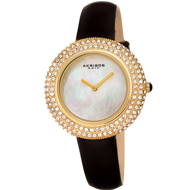 Akribos XXIV Gold Tone Ion Plated Swarovski Crystal Studed Case with White MOP Dial and Black Patent Leather Strap