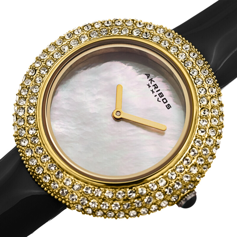 Akribos XXIV Gold Tone Ion Plated Swarovski Crystal Studed Case with White MOP Dial and Black Patent Leather Strap