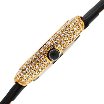 Akribos XXIV Gold Tone Ion Plated Swarovski Crystal Studed Case with White MOP Dial and Black Patent Leather Strap