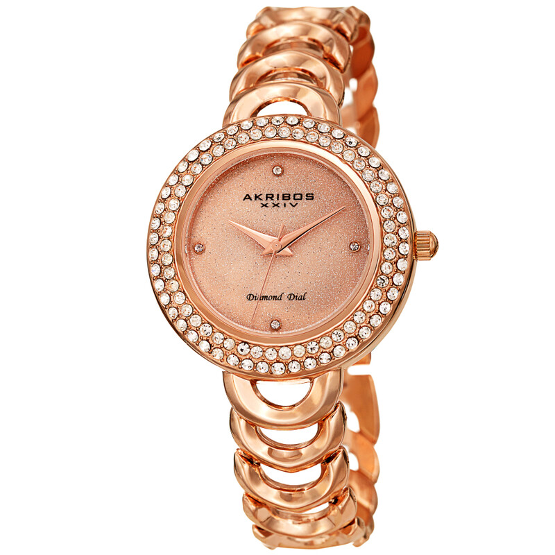 Akribos XXIV Ion Plated Rose Gold Tone Watch with Crystals on the Case, Rose Gold Glitter Dial and Diamond Markers