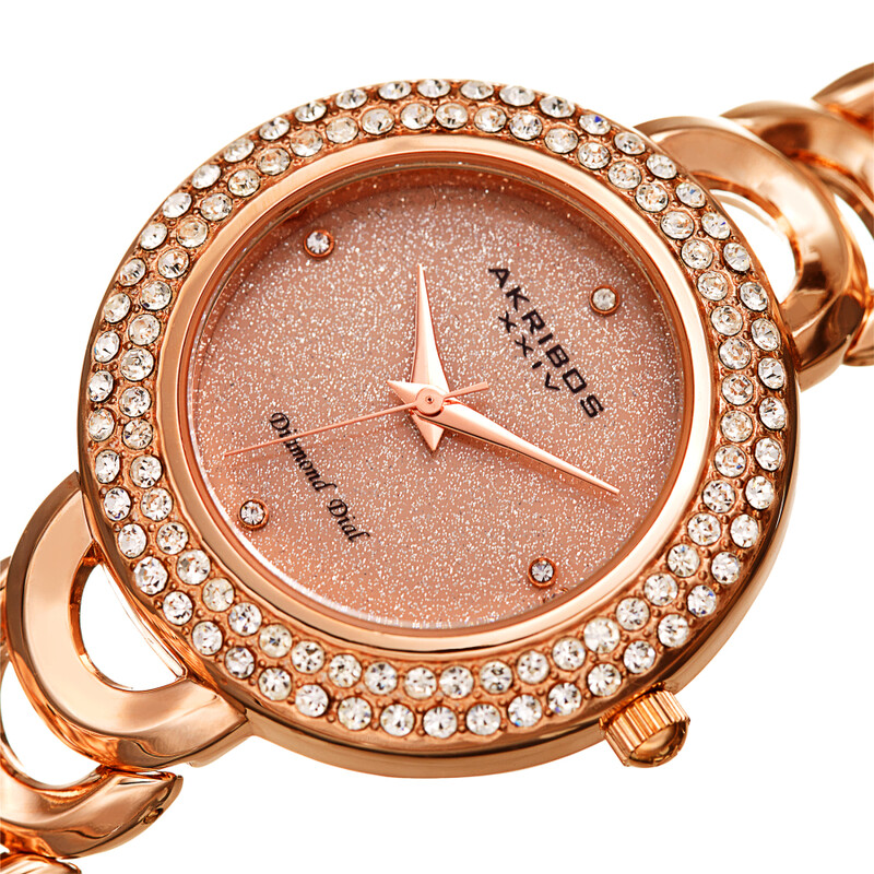 Akribos XXIV Ion Plated Rose Gold Tone Watch with Crystals on the Case, Rose Gold Glitter Dial and Diamond Markers