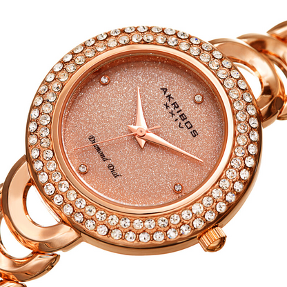 Akribos XXIV Ion Plated Rose Gold Tone Watch with Crystals on the Case, Rose Gold Glitter Dial and Diamond Markers