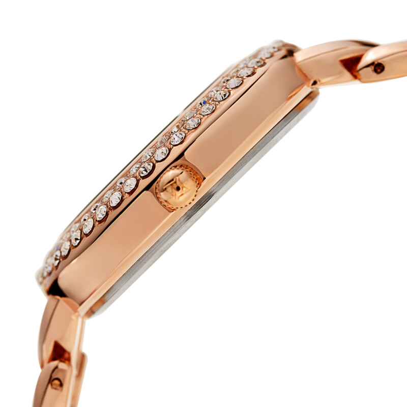 Akribos XXIV Ion Plated Rose Gold Tone Watch with Crystals on the Case, Rose Gold Glitter Dial and Diamond Markers