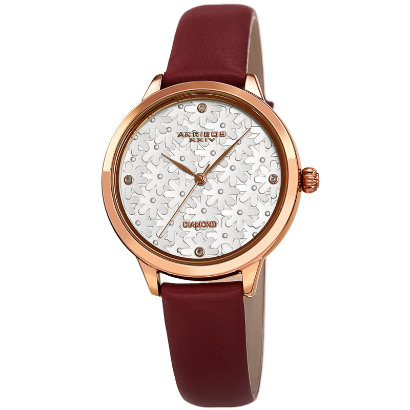 Akribos XXIV Rose Gold Ion Plated Case with Silver Floral Embossed Dial with Diamonds, on a Bordeaux Leather Strap