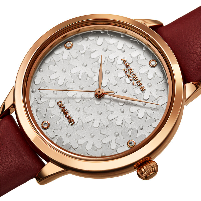 Akribos XXIV Rose Gold Ion Plated Case with Silver Floral Embossed Dial with Diamonds, on a Bordeaux Leather Strap