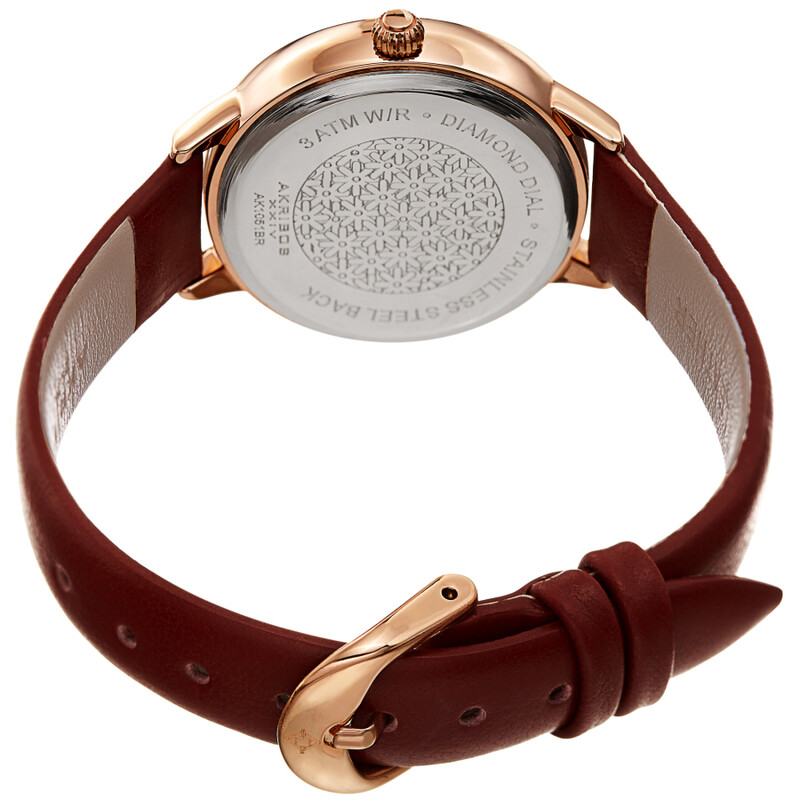 Akribos XXIV Rose Gold Ion Plated Case with Silver Floral Embossed Dial with Diamonds, on a Bordeaux Leather Strap