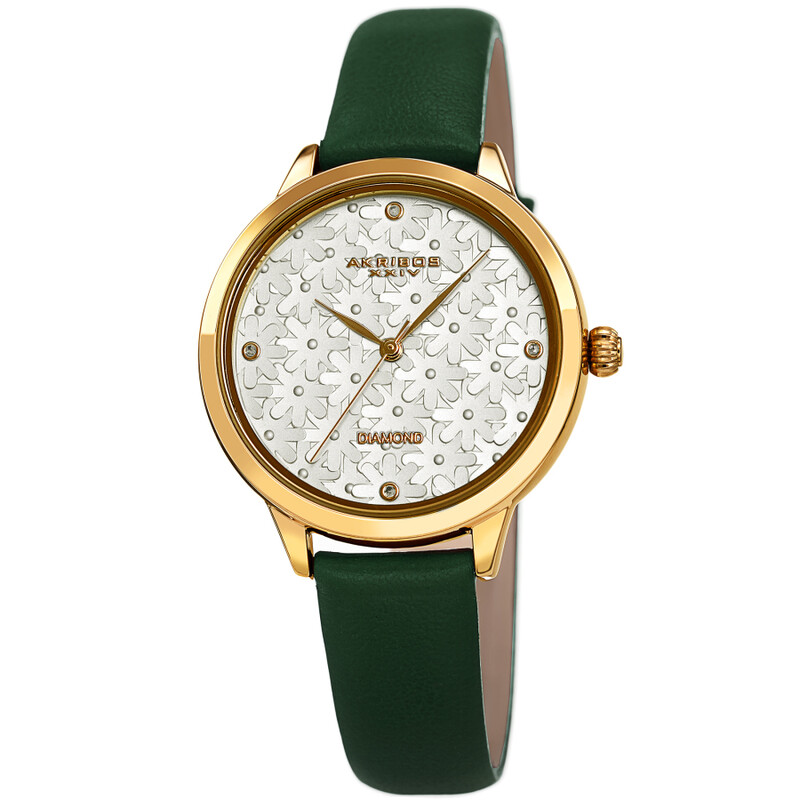 Akribos XXIV Gold Ion Plated Case with Silver Floral Embossed Dial with Diamonds, on a Green Leather Strap