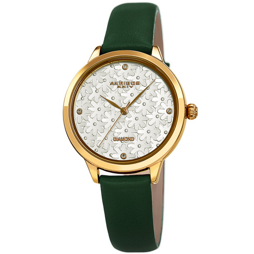 Akribos XXIV Gold Ion Plated Case with Silver Floral Embossed Dial with Diamonds, on a Green Leather Strap