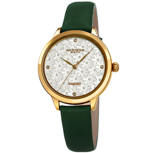 Akribos XXIV Gold Ion Plated Case with Silver Floral Embossed Dial with Diamonds, on a Green Leather Strap