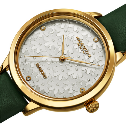 Akribos XXIV Gold Ion Plated Case with Silver Floral Embossed Dial with Diamonds, on a Green Leather Strap
