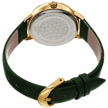 Akribos XXIV Gold Ion Plated Case with Silver Floral Embossed Dial with Diamonds, on a Green Leather Strap