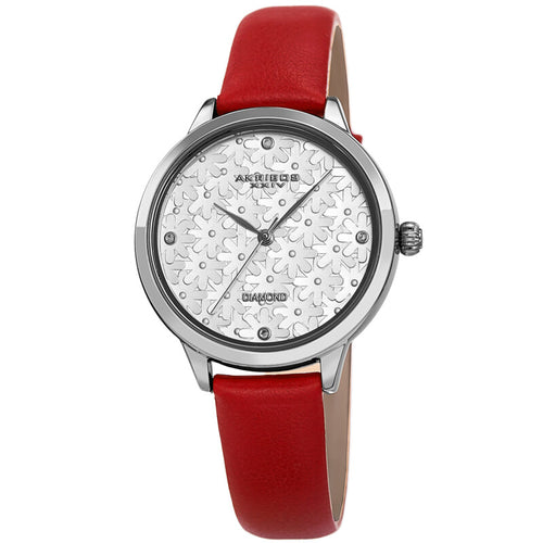 Akribos XXIV Silver Tone Case with Black Silver Embossed Dial with Diamonds, on a Red Leather Strap