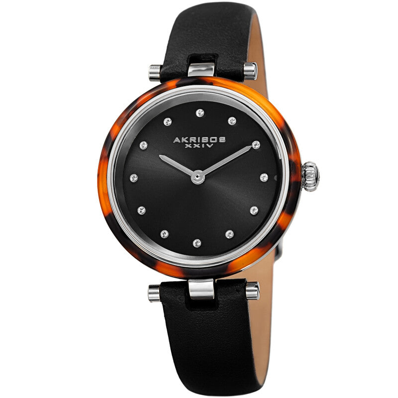 Akribos XXIV Silver Tone Case with Tortoise Shell Bezel, Black Dial and Leather Strap, with Swarovski Crystal Markers