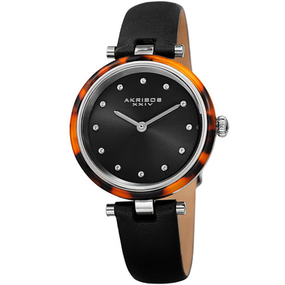 Akribos XXIV Silver Tone Case with Tortoise Shell Bezel, Black Dial and Leather Strap, with Swarovski Crystal Markers